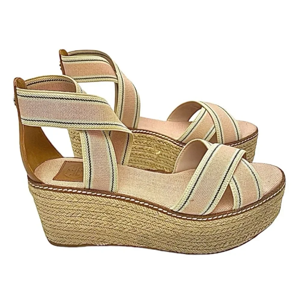 Tory Burch Frieda Espadrille Wedge Sandals Blush Stripe Tan Size 8M